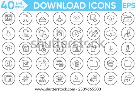 Download icon set. Containing upload, document, link, download file, folder, data and PDF icons.Vector and illustrator set.