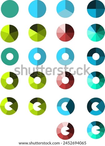 Set of pie chart diagrams. Circles cut on3, 4,5, 6, 8, 10, with empty and filled middle,simple flat design vector illustration.