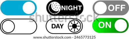 Editable switch icon set in a black stroke weight in outline and a filled shape used to select darkmode or night brightness in the settings of a smart mobile device with a moon and a sun in eps vector