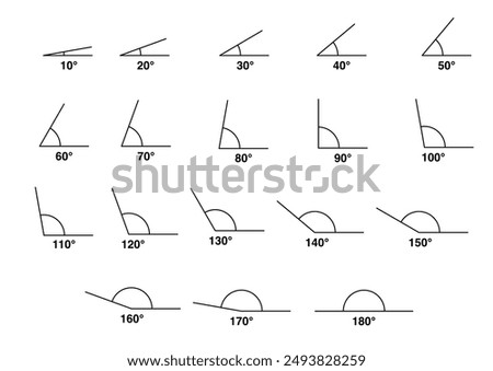  Different angles degrees icon set from 10 to 180 degree.10,20,30,40,50, 60,70,80,90,100,110,120,130,140, 150,160,170 and 180 degree icon set.. Angles set for math theachers 