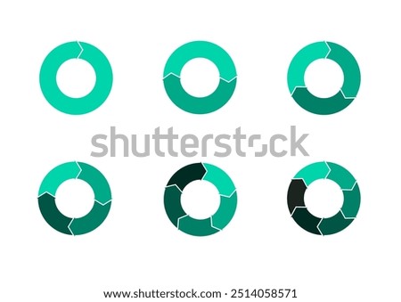 Set of pie chart diagrams. Circles arrow cut separated on1,2,3, 4,5, 6, with empty middle,simple flat design vector illustration.