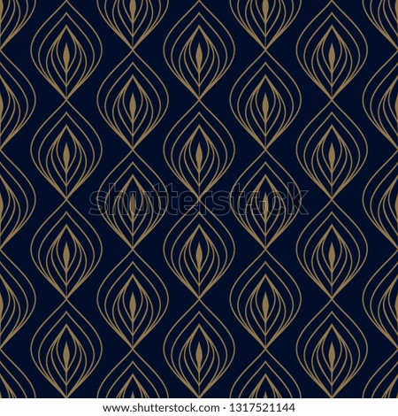 Navy blue background ditzy floral peacock feather motif. Small flowers all over ogee design. Simple geometric print for fabric cloth, decoupage paper, fashion textile accessories, interior wallpaper.