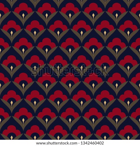 Japan wave pattern ditzy floral motif ardent red tiny flowers, green leaves on a navy blue all over geo design. Print block for fabric, apparel textile, wrapping paper. Minimal oriental vector graphic