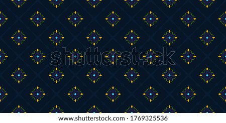 Gingham check pattern ditzy floral motif simple geometry peacock feather seamless design. Indian style small flowers violet royal blue yellow green colors all over print block for textile, shop window