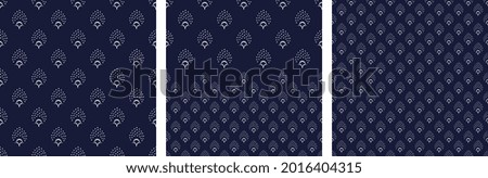 Abstract small white flowers motif pattern classic blue background. Modern bordure ditsy floral fabric design textile swatch, ladies dress, man shirt, fashion garment, silk scarf all over print block.