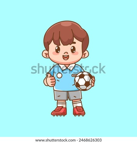 Cute soccer player thumbs up kawaii chibi character mascot illustration outline style design set