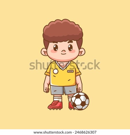 Cute soccer player stand with ball kawaii chibi character mascot illustration outline style design set