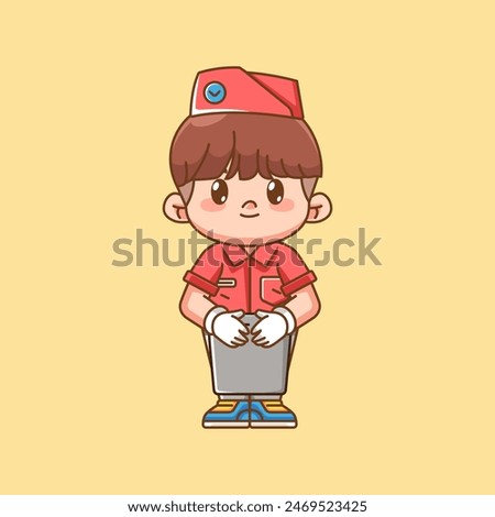 Cute waiter polite to customer kawaii chibi character mascot illustration outline style design set