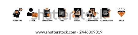 Due diligence banner web icon vector illustration concept with icon of potential, study, evaluating, files, invest, corporation, examination and value