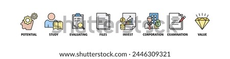 Due diligence banner web icon vector illustration concept with icon of potential, study, evaluating, files, invest, corporation, examination and value