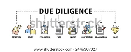 Due diligence banner web icon vector illustration concept with icon of potential, study, evaluating, files, invest, corporation, examination and value