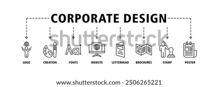 Corporate design banner web icon set vector illustration concept with icon of logo, creation, fonts, website, letterhead, brochures, stamp and poster icons symbol background live stroke and editable