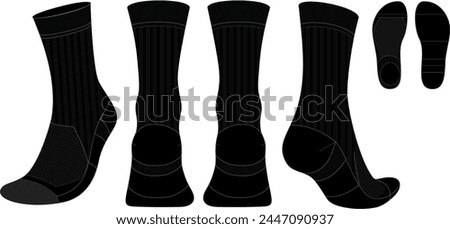 Socks tech pack template flat sketch fashion illustration mock up cad drawing for unisex men's and women's football sock design. Mid calf length socks drawing.