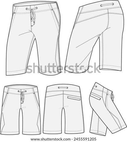 Knee Length Shorts Fashion Flat Sketch Vector Illustration Template Multiple Views