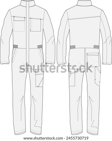 Mechanic Coveralls Flat Sketch Workwear Design Template Front Back Illustration