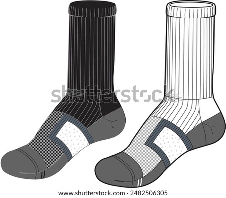 Sports socks tech pack template flat sketch fashion illustration mock up cad drawing for unisex men's and women's football sock design. Mid calf length socks drawing.