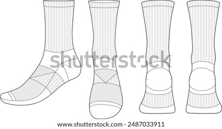 Sock tech pack template flat sketch fashion illustration mock up cad drawing for unisex men's and women's football sock design. Mid calf length socks drawing.	