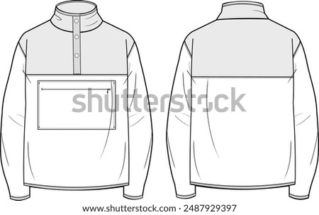 Polar fleece half-zip pullover jacket vector design CAD template front and back view technical techpack illustration