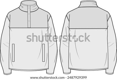 Polar fleece half-zip pullover jacket vector design CAD template front and back view technical techpack illustration