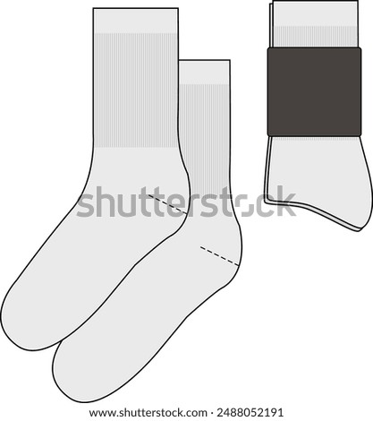 Merch socks tech pack template flat sketch fashion illustration mock up cad drawing for unisex men's and women's packaging design. 