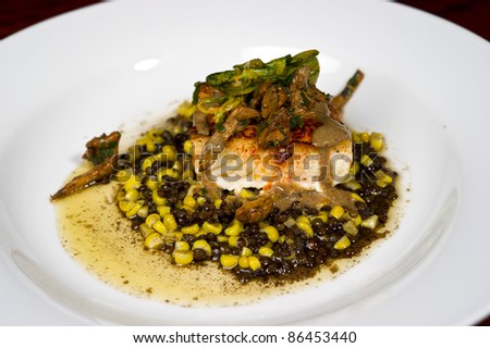 Image of a beautifully prepared gourmet sea bass meal
