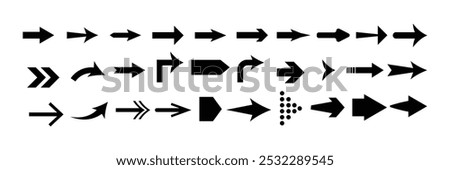  Big set of  black arrows vector icon isolated on white background eps 10. circle arrow, long , curved and horizontal , rotation arrow , business arrow set.  Vector Illustration.