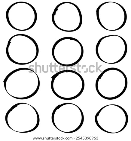 Hand drawn circles icon 
 set. circle of different widths and frames. Ellipses in doodle sign in isolated background eps 10. vector illustration.