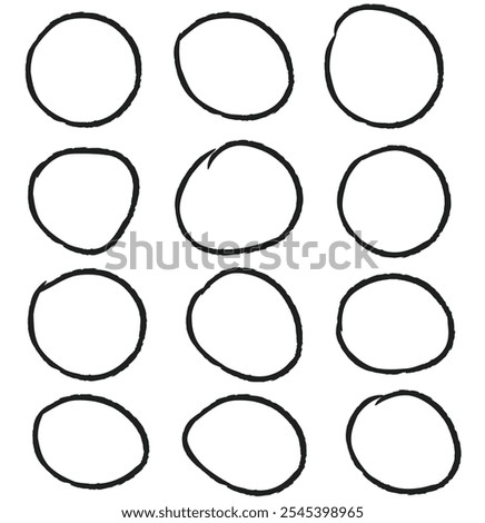 Hand drawn circles icon 
 set. circle of different widths and frames. Ellipses in doodle sign in isolated background eps 10. vector illustration.