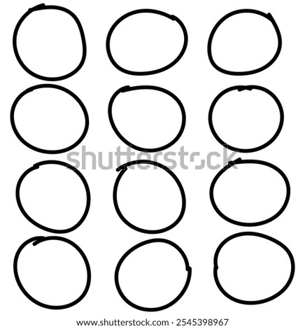 Hand drawn circles icon 
 set. circle of different widths and frames. Ellipses in doodle sign in isolated background eps 10. vector illustration.