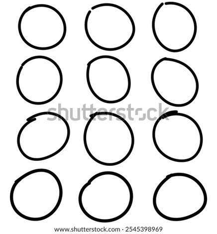 Hand drawn circles icon 
 set. circle of different widths and frames. Ellipses in doodle sign in isolated background eps 10. vector illustration.