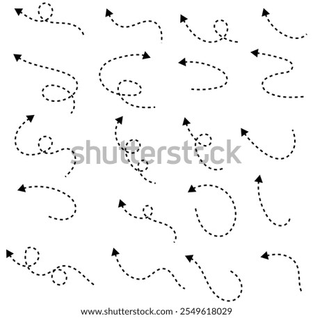  hand drawn  thin curved dotted line arrows. Black dot vector pointers pointing in different directions. on isolated background eps 10.