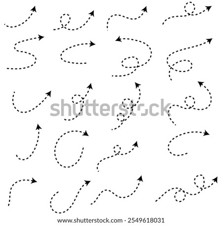  hand drawn  thin curved dotted line arrows. Black dot vector pointers pointing in different directions. on isolated background eps 10.