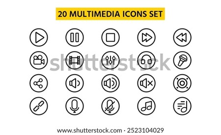 set of 20 outline multimedia icons