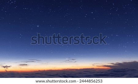 Similar – Image, Stock Photo Night Starry Sky With Glowing Stars Above Countryside Landscape. Light Cloudiness Overcast Above Rural Field Meadow In Early Spring. Illumination Lights Of Town On Horizon