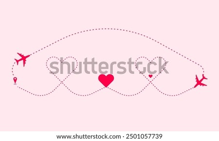 Heart dotted line path, love airplane route, a new baby born concept background with lovely heart dashed lines, aircraft and location pin