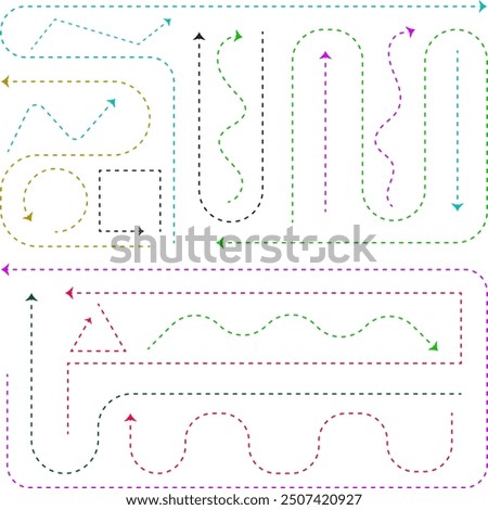 Dotted Lines Arrow, Clean Dot Style hand-drawn doddle arrow set. Curved dotted lines set, dashed lines, Set of dotted doodle arrows, isolated, split lines. 