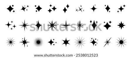 sparkle star icon, star sparkle vectors, Shining sparkle icon, Blink twinkle, sunburst star shapes collection. Abstract magic light flare, vector stars icon templates pack isolated on white background