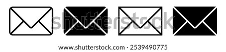 Mail icon set, rounded corner newsletter icon black and white, Envelope flat line art pictogram, email message sign, newsletter web button, close email letter outline vector symbol