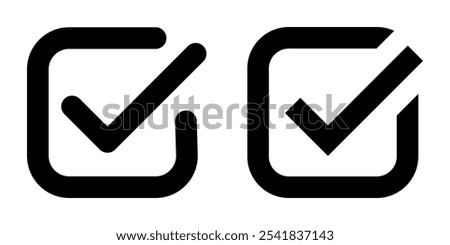 Check mark icon, vector set of flat check marks in square shape, right and wrong symbol black outline, checkmark button isolated on white background