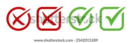 Green check mark, red cross, x mark icon set, hand drawn right and wrong vector sign in circle and square outline shape. tick mark symbol and x cross brush stroke style. Check mark isolated vector