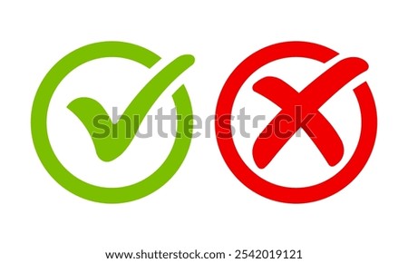 Green check mark, red cross, x mark icon set, Hand drawn right and wrong vector sign in circle outline shape. Bold tick mark symbol and x cross brush stroke style. Check mark isolated vector