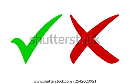 Green check mark, red cross, x mark icon set, right and wrong hand drawn vector sign concept. Correct vote choice and rejection isolated symbol. Check mark vector illustration, tick mark symbol