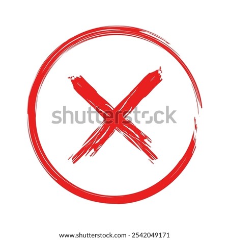 Red cross mark, Brush Stroke circle outline shape hand drawn style x, cross vector sign in red color, simple x symbol in brush stroke style