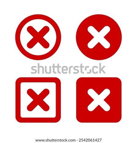 Red cross mark sign set in two variants, Cross mark drawn style vector in red color, circle and square shapes, simple x symbol, cross mark sign isolated outline and shapes