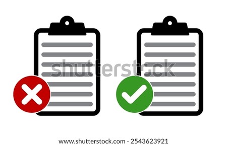 red cross and green checkmark document clipboard icon, Approved and rejected document checklist sheets vector isolated tick mark symbols. approve and disapproved office job application signs. 