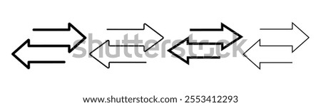 Transfer Arrow Icon Set, Linear Style Left Right Arrows, Simple Black Double Arrows in Opposite Directions, Bold and Minimalist Movement Thin Lines for Navigation, Transitions, and Directional Use.