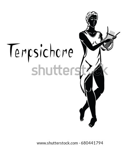 Terpsichore muse of dance in Greek mythology black vector illustration isolated on a white background