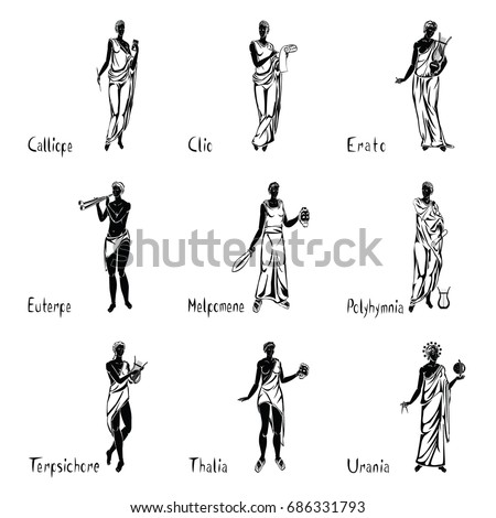 All nine muses of Greek mythology black vector illustration isolated on a white background