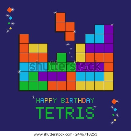 Colorful Tetris game with happy birthday Tetris greeting card on blue background. Background Tetris game. Multicolored figures. Greeting card. Vector illustration