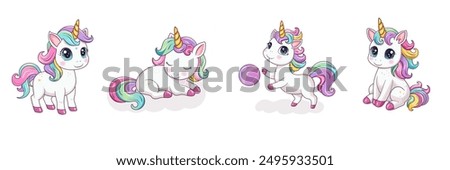 A set of cute unicorns in different poses. Hand-drawn ponies with a golden horn. Cute magic horses. It can be used for printing, textiles, web design. Vector illustration
